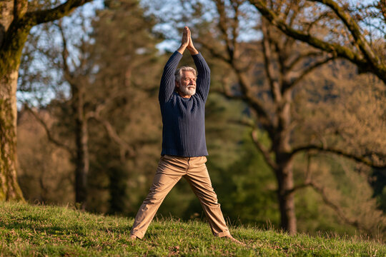 A silver-haired man practices yoga in a sun-drenched tranquil grassy field his arms raised high with palms together embracing a serene mindful outdoor moment