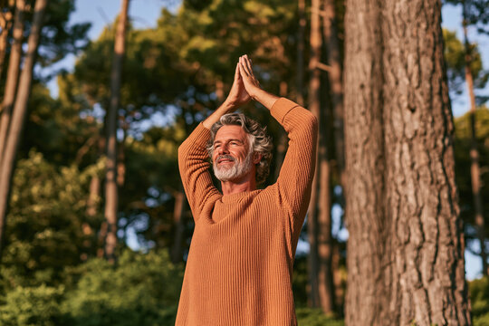 A silver-haired man in a ribbed orange sweater practices mindful yoga with hands joined overhead surrounded by a serene sunlit forest grove at dusk