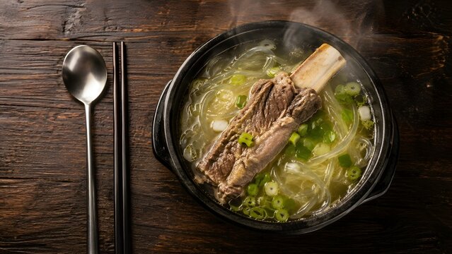 Korean beef bone soup galbitang with chopsticks, traditional hot pot meal