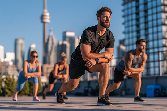 A group of fit individuals perform lunges on an urban rooftop at sunset with the Toronto skyline in the background during a group workout session