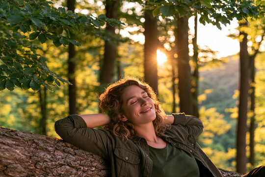 A radiant woman with curly hair relaxes against a fallen tree in a sun-drenched forest enjoying the warmth and serenity of a golden sunset
