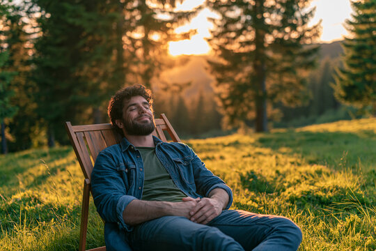 A bearded man with closed eyes enjoys a peaceful moment of relaxation in a wooden chair surrounded by a serene sun-drenched mountain meadow at sunset