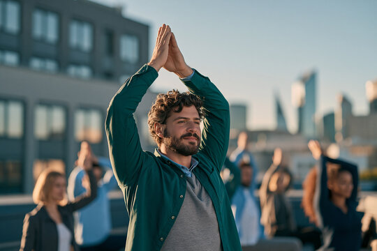 A group of diverse professionals practices mindfulness and stretches with arms raised together on a rooftop terrace during a golden hour city sunset session