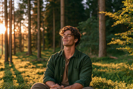 A young man with curly hair sits peacefully in a sun-drenched forest eyes closed enjoying the warm golden light of a late afternoon