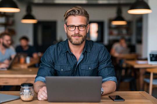 A stylish bearded man with glasses works on his laptop at a wooden table in a busy warm and well-lit modern office cafe space