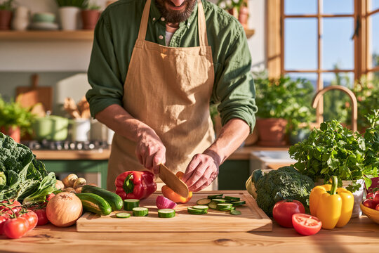 A bearded man wearing a tan apron skillfully slices fresh vegetables on a wooden cutting board in a sunlit rustic kitchen filled with produce