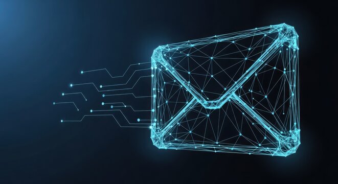 Digital email icon made of glowing network lines and data nodes illustration futuristic