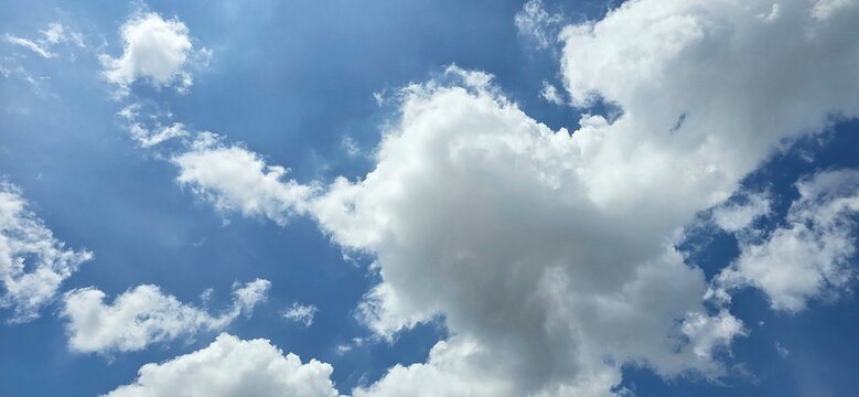 A clear blue sky with thick, fluffy white cumulus clouds and scattered clouds during the daytime. These are thick, vertically oriented clouds with slightly flattened bases and fluffy, rounded tops.
