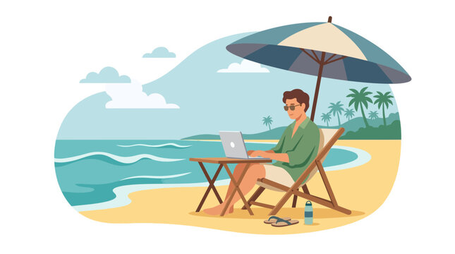 Digital nomad working on beach with laptop and umbrella.