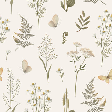 Elegant seamless pattern of leaves, forest plants, and butterflies on a light background.