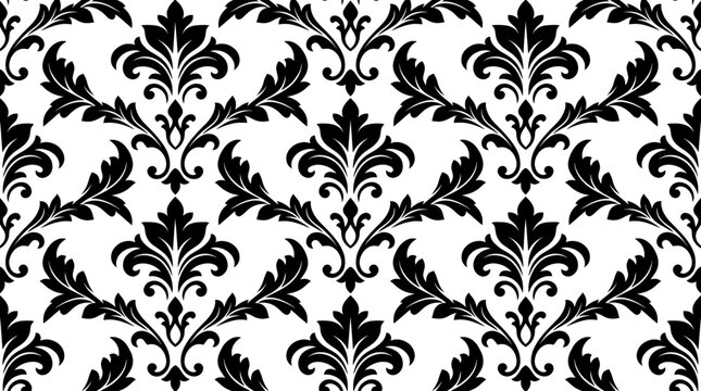 Vintage damask seamless pattern, black and white floral wallpaper vector, elegant baroque ornament for luxury textile and wedding stationery