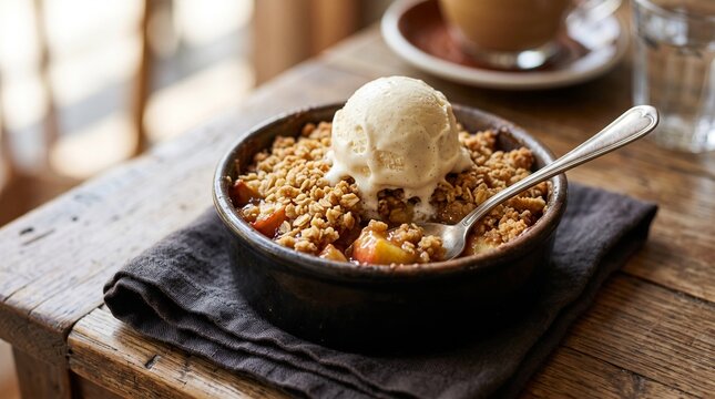 Warm apple crumble with ice cream on a wooden table  