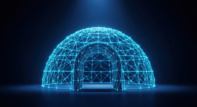 Blue digital igloo shape made of glowing lines and dots illustration futuristic