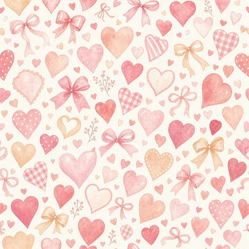 Valentine 149 Watercolor Patterned Hearts, Tied Bows and Small Botanical Sprigs Seamless Pattern on White Paper Texture（白のアート紙テクスチャ背景に描かれた水彩の多様な模様入りハートと結びリボンおよび小枝のシームレスパターン）