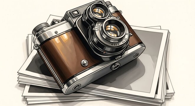 Vintage tlr camera resting on top of a stack of photographs