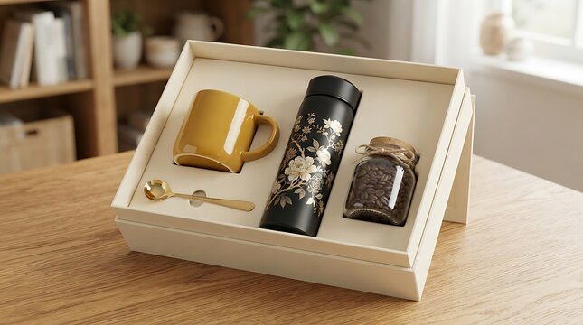 Gift set with a ceramic mug thermos flask and tea jar in a decorative green box