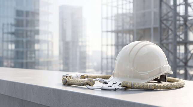 White safety hard hat beside fall protection lanyard equipment resting upon concrete edge high rise construction