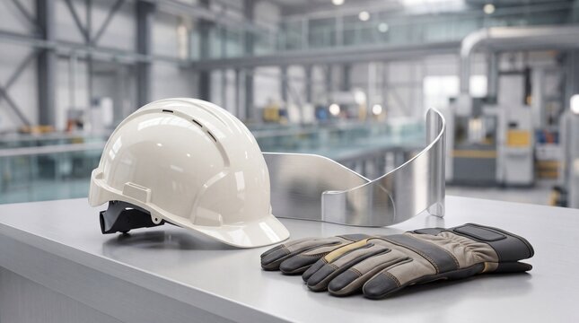 White hard hat and safety gloves on table in industrial plant with displays protective gear smooth surface factory