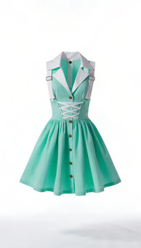 Mint Green Pinafore Style Dress With A White Collar V Neck Bib Front Adjustable Buckle Straps Brown Button Placket And White Lace Up Corset Sides Floating With Body Shaped Volume On A White Background