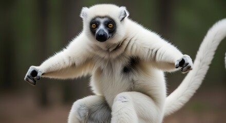 Naklejka premium Sifaka lemur balancing on branch with outstretched arms in dappled forest light with soft bokeh