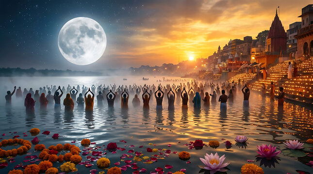 Devotees performing rituals in the ganges river at sunrise with a full moon