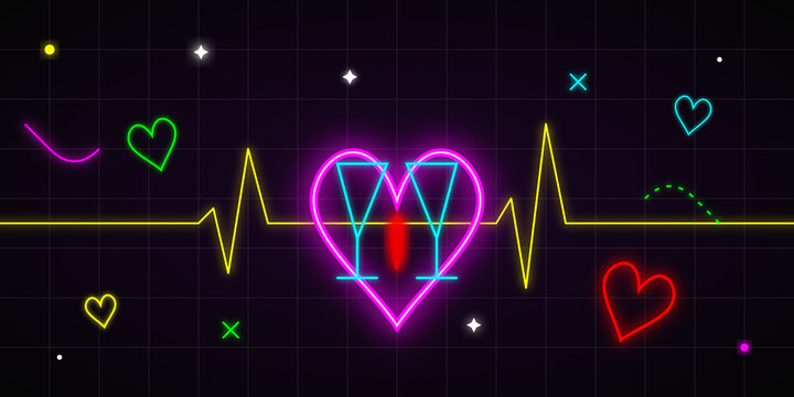 Neon heartbeat line with champagne flutes with background centered around on transparent background
