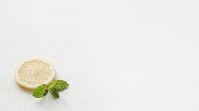 A single fresh slice of lemon with a small sprig of green mint leaves placed on a clean white background with plenty of copy space