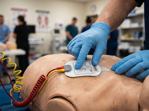 Medical professional placing defibrillator electrode pads on CPR dummy mannequin torso