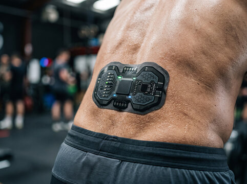 Electronic muscle stimulation EMS pad attached to male lower back muscles