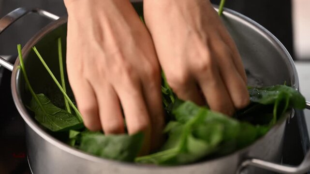 Hand dropping fresh green spinach into a pot of boiling water for blanching, preparing ingredients for Korean spinach salad (Sigeumchi namul)