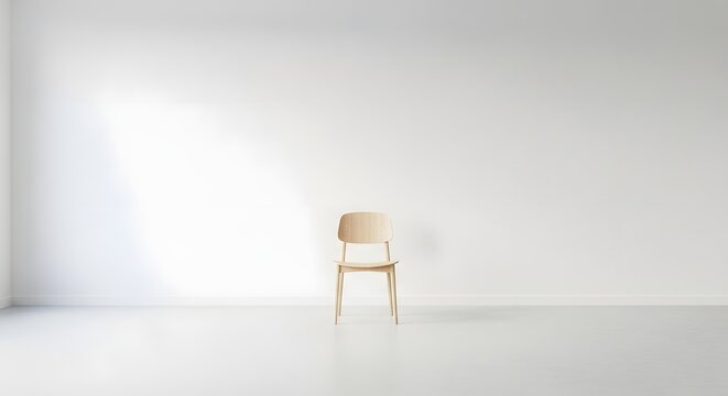 Single wooden chair positioned in bright empty room with soft window light creating minimalist ambiance