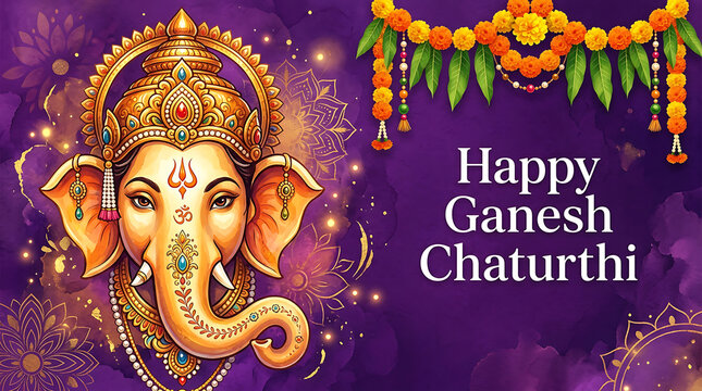 Happy ganesh chaturthi greeting card with lord ganesha illustration and marigold flowers