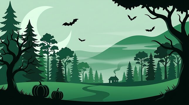 A spooky green landscape featuring a silhouette forest with flying bats and a glowing crescent moon for a halloween background design