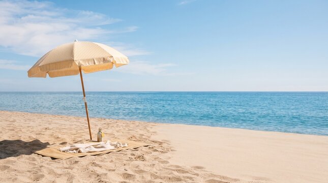 A beautiful tropical beach scene featuring a single colorful sun umbrella standing on the soft golden sand overlooking the calm blue ocean under clear skies
