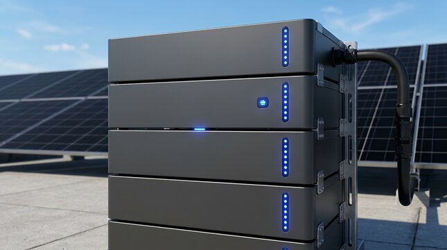 Stacked lithium home battery packs with blue charging lights on rooftop solar installation