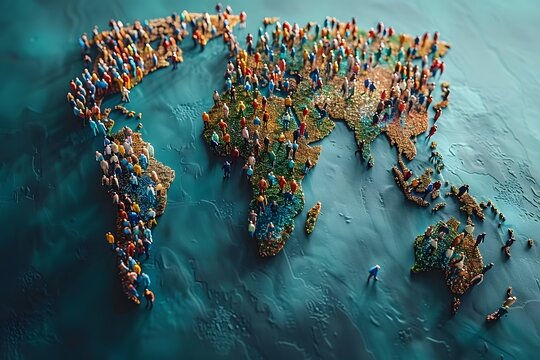 A global map formed by a dense crowd of diverse colorful human figures on a watery background.