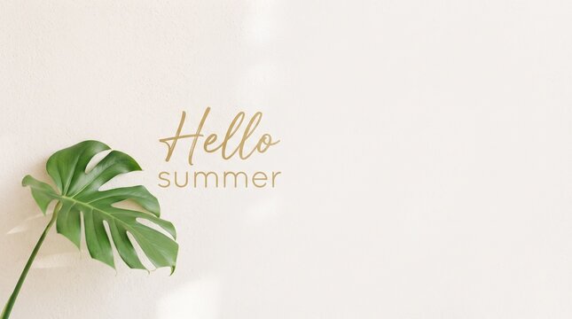 A beautiful monstera leaf placed on a soft neutral background with the elegant handwritten text hello summer for a minimalist seasonal social media post design