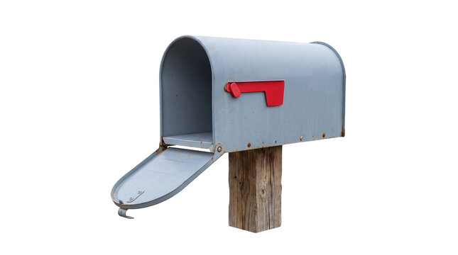 Open empty grey metal mailbox on wooden post, isolated element on white background for postal service and delivery concept.