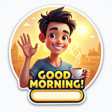 Cheerful young man with a coffee cup greeting sunrise in urban city background