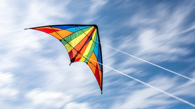 Colorful delta kite flying in bright blue sky