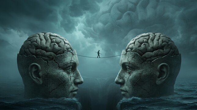 Person walking tightrope between two massive stone heads.