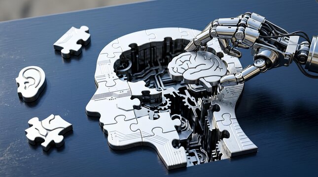 Robot hand assembling silver metallic brain puzzle.