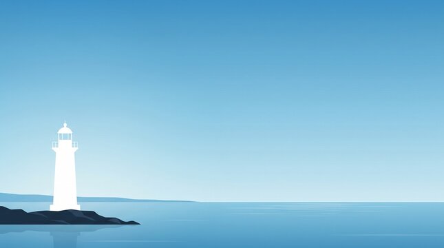 Minimalist vector illustration showing a white lighthouse positioned upon a rocky cliff overlooking a calm blue ocean beneath a clear bright summer sky during daytime