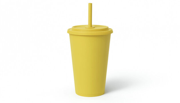 Yellow plastic cup with a lid and a drinking straw for cold beverages