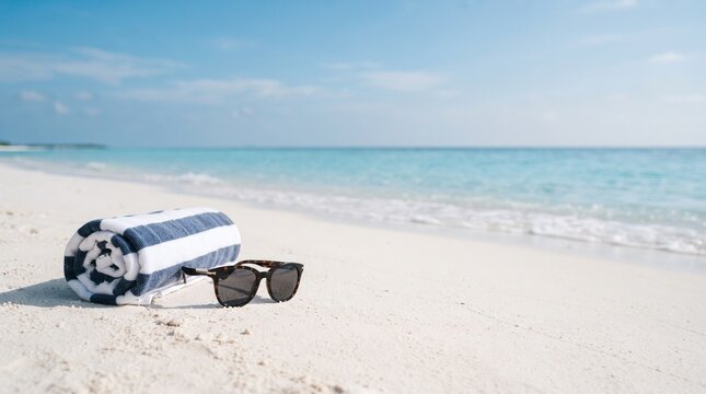 A rolled up beach towel and a pair of sunglasses resting on the white sand of a tropical beach with turquoise ocean waves in background