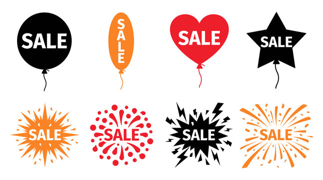 A collection of colorful sale icons and balloons designed for black friday marketing campaigns and retail store promotional advertising event materials