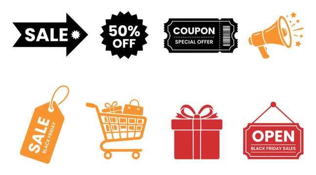 A collection of various shopping icons and promotional elements designed for black friday marketing campaigns featuring sales discounts and retail store promotions