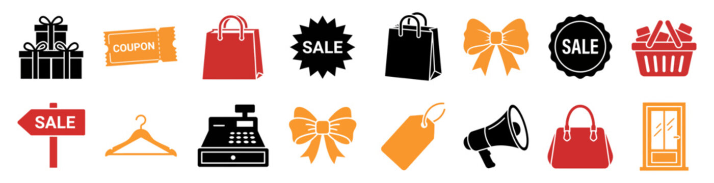 A collection of flat vector icons representing black friday shopping events with gift boxes bags sale signs and retail store marketing elements