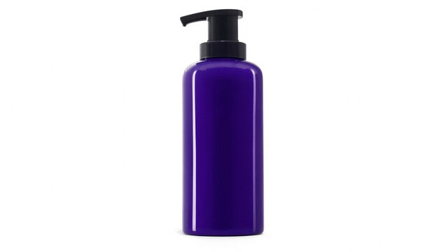 Purple plastic cosmetic bottle with black pump dispenser for shampoo or liquid soap