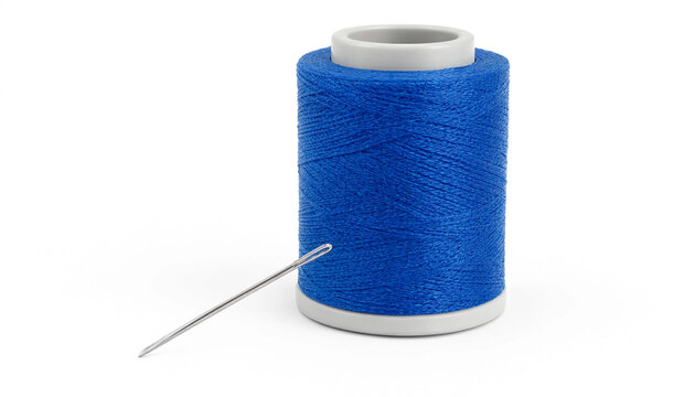 A single spool of blue sewing thread with a sharp metal needle for clothing repair